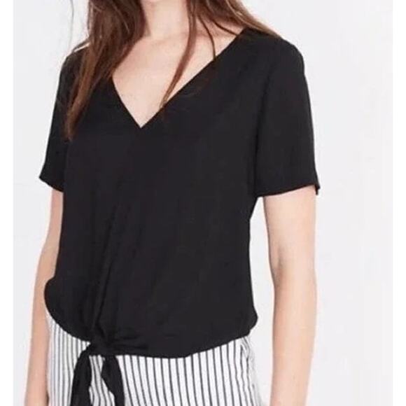 Madewell Tops - Madewell Black Chiffon Semi-Sheer Short Sleeve Front Knot Blouse Size Large